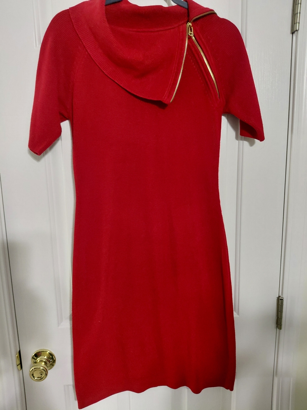 Calvin Klein Red Knit Midi Dress with Asymmetric Zip Collar
